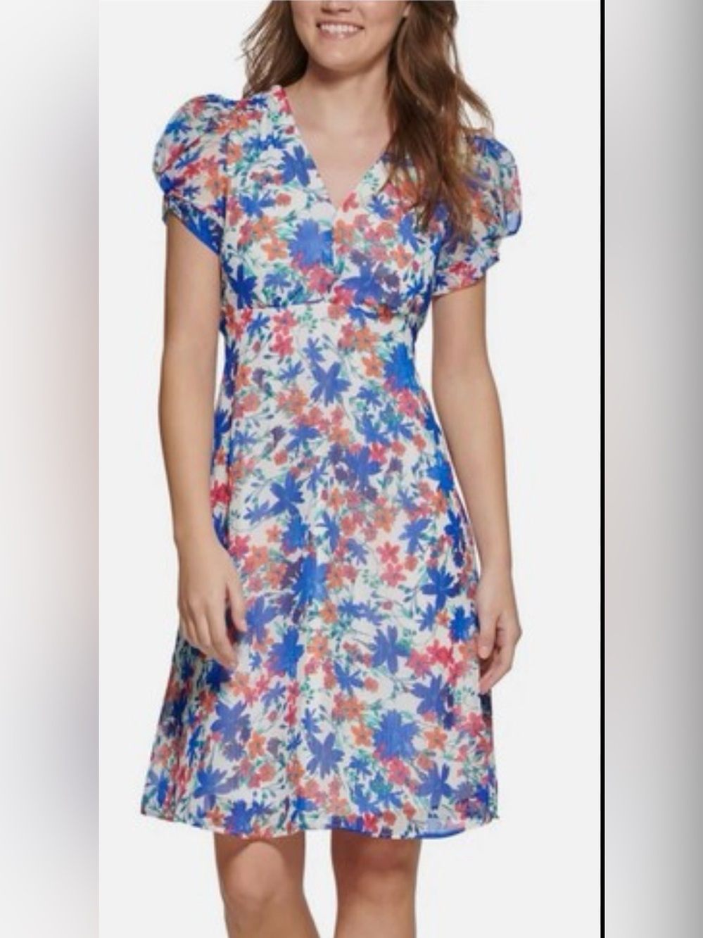 Calvin Klein Blue and Coral Floral V-Neck Midi Dress